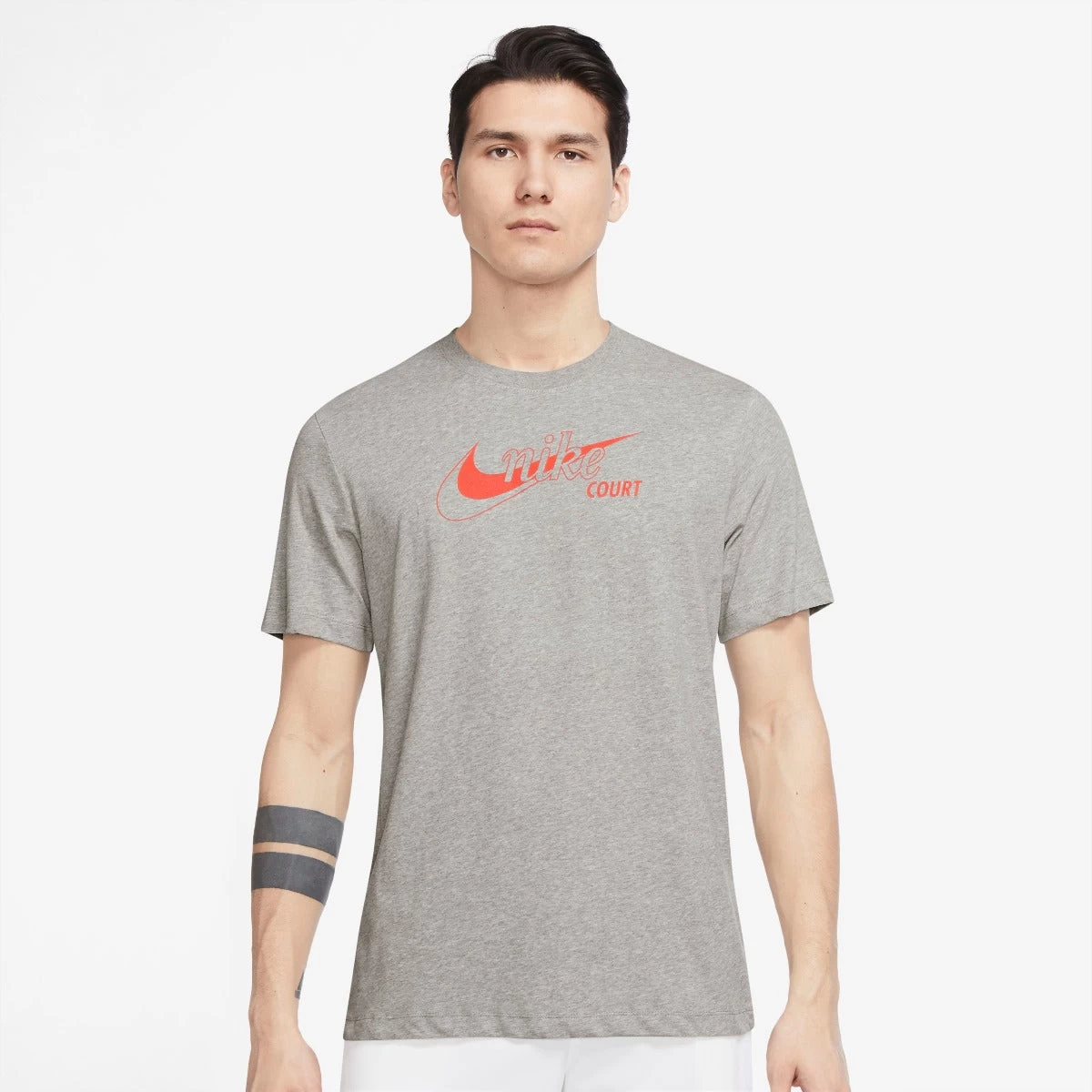 Nike Men's Dri-FIT Distressed Swoosh Top (Dark Grey Heather/Orange) 1 Nike Men's Dri-FIT Distressed Swoosh Top (Dark Grey Heather/Orange)